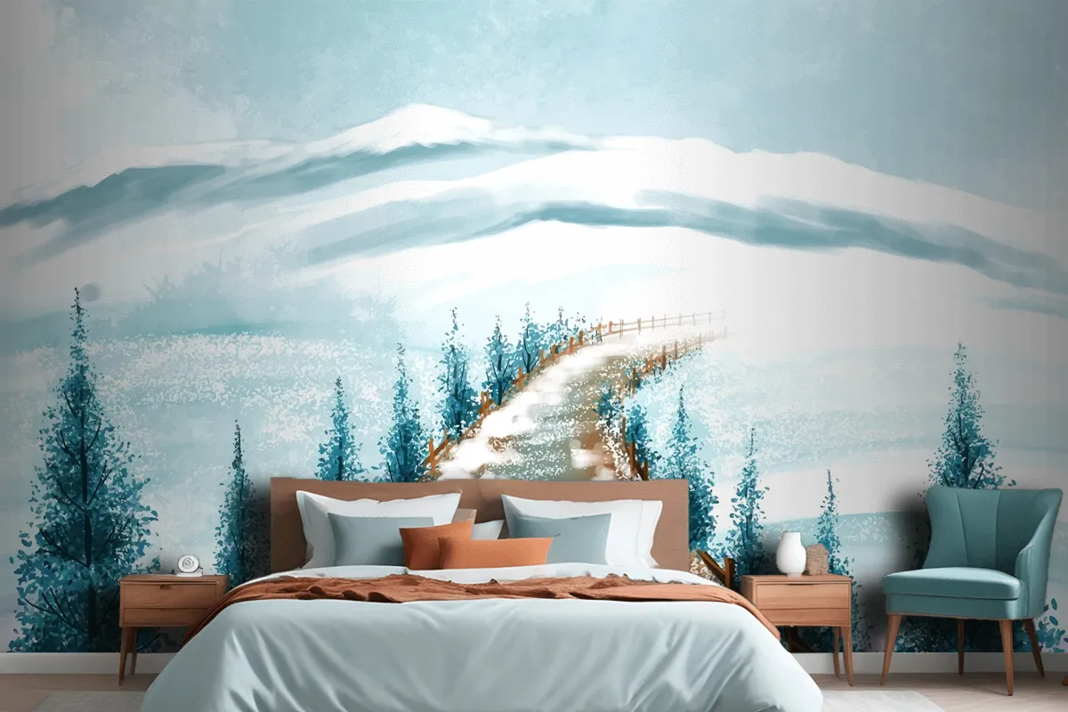 Winter Landscape With Snowy Christmas Tree Card Wallpaper Mural