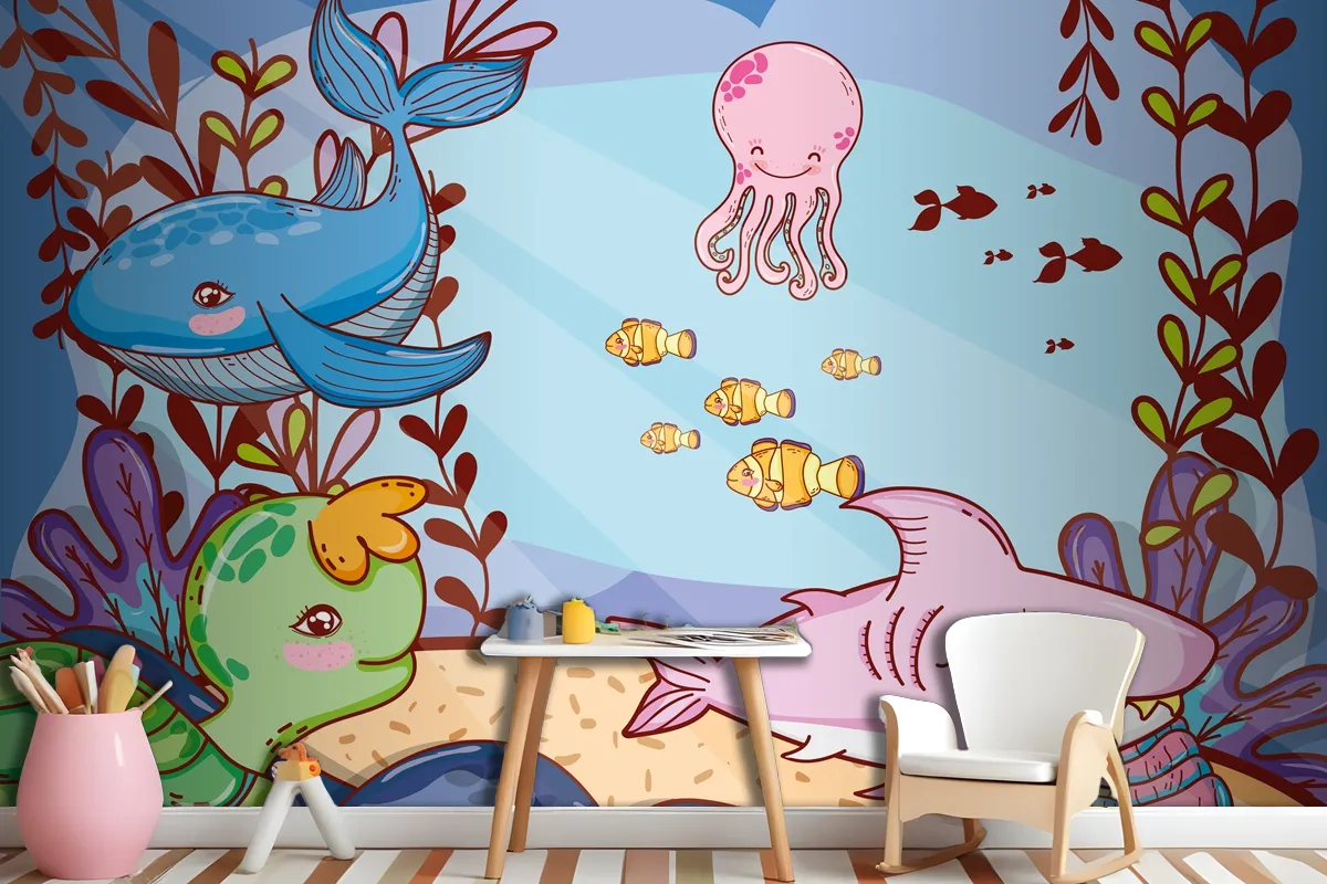 Cute Sea Animals With Seaweed Plants Wallpaper Mural