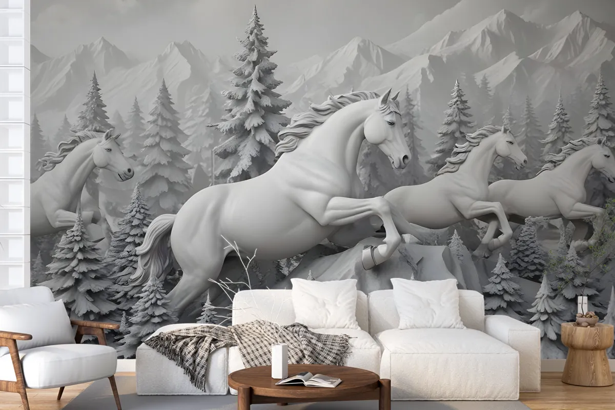 3D Embossed Look Cement Angel Horses Wallpaper Mural