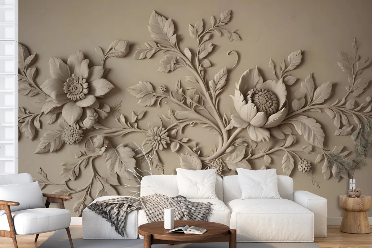 3D Embossed Look Cement Floral Tree Wallpaper Mural