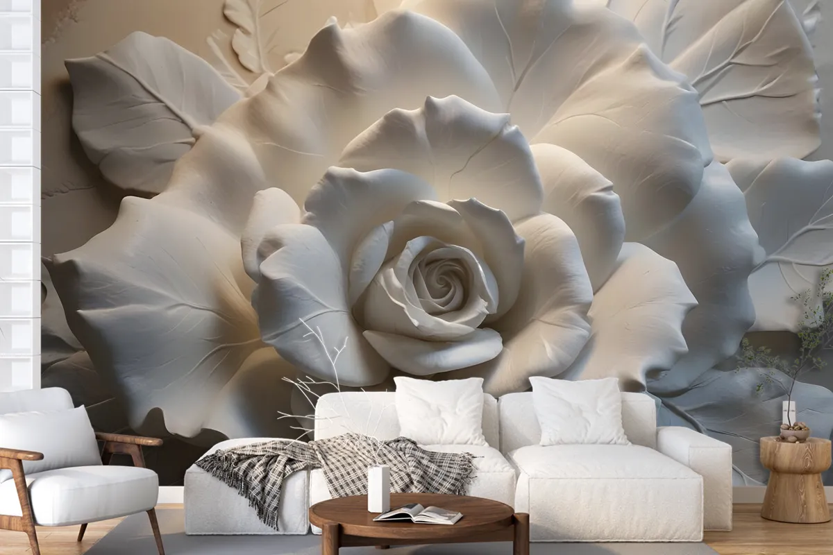 3D Embossed Look Cement Roses Wallpaper Mural