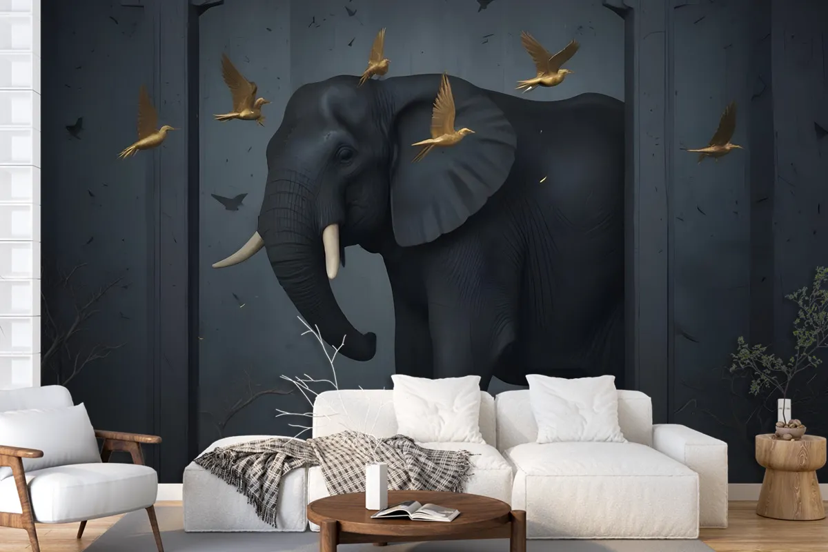 3D Embossed Look Dark Elephant And Birds Wallpaper Mural