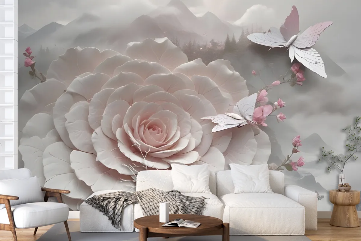 3D Embossed Look Flowers And Butterfly Wallpaper Mural