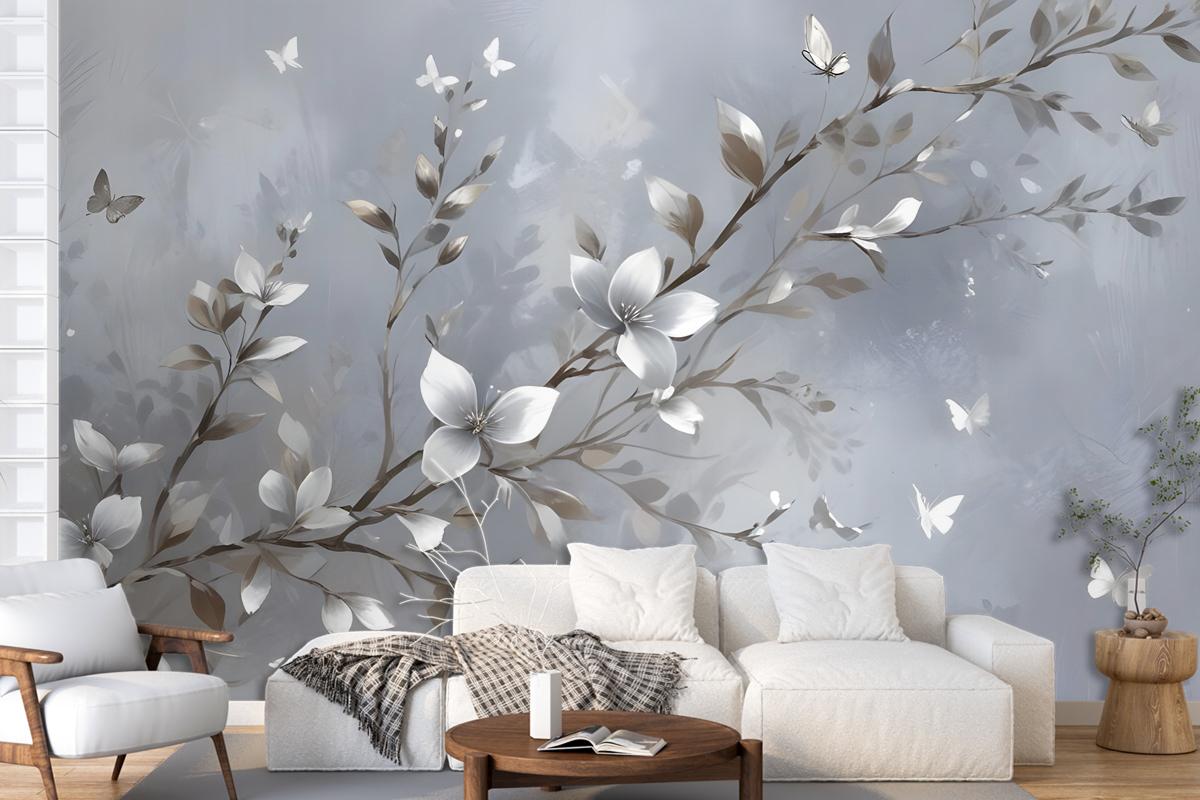 3D Embossed Look Magnolia Blossom And Butterfly Wallpaper Mural