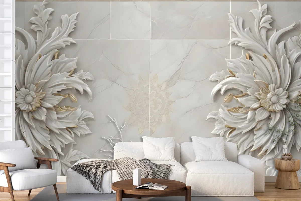 3D Embossed Look Marble Sunflower Wallpaper Mural