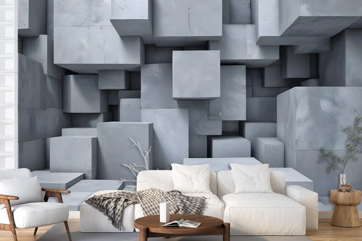 3D Look Concrete Style Gray Abstract Cubes Wallpaper Mural