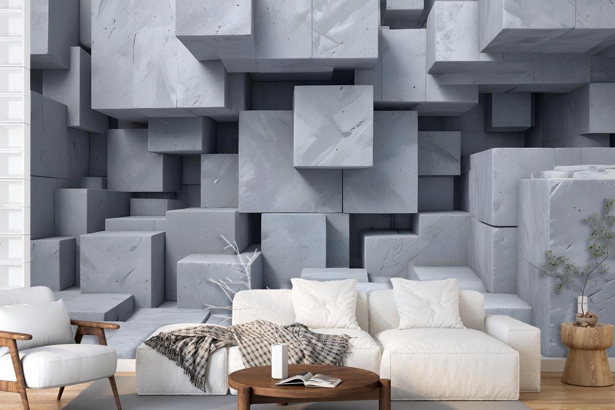 3D Look Concrete Style Gray Abstract Cubes Wallpaper Mural