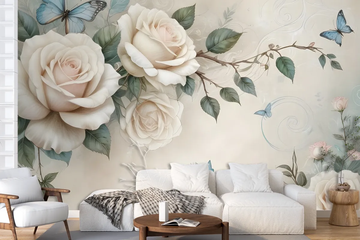 3D Look Cream Rose Floral Wallpaper Mural