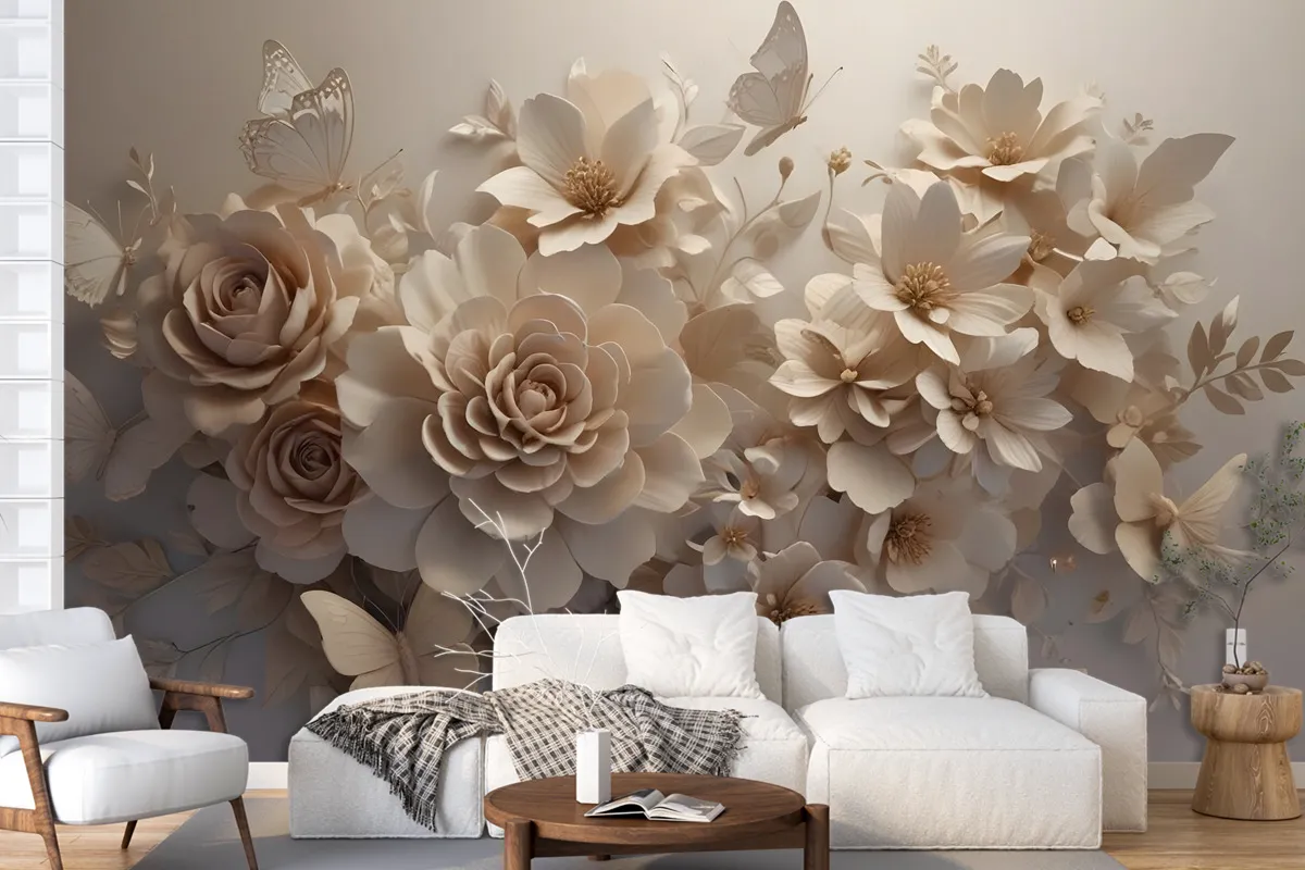 3D Look Faux Embossed Floral Wallpaper Mural