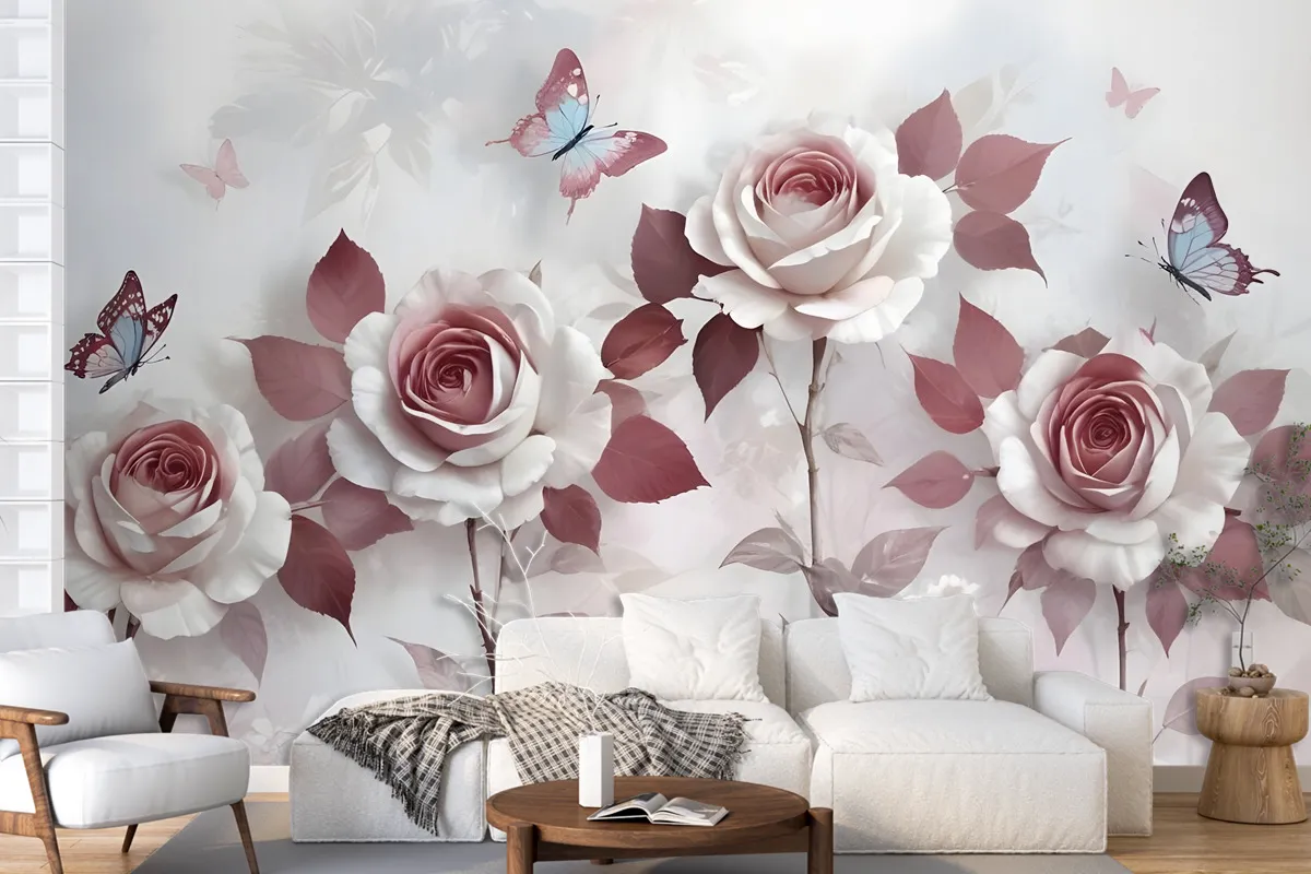 3D Look Floral With Little Butterfly Wallpaper Mural