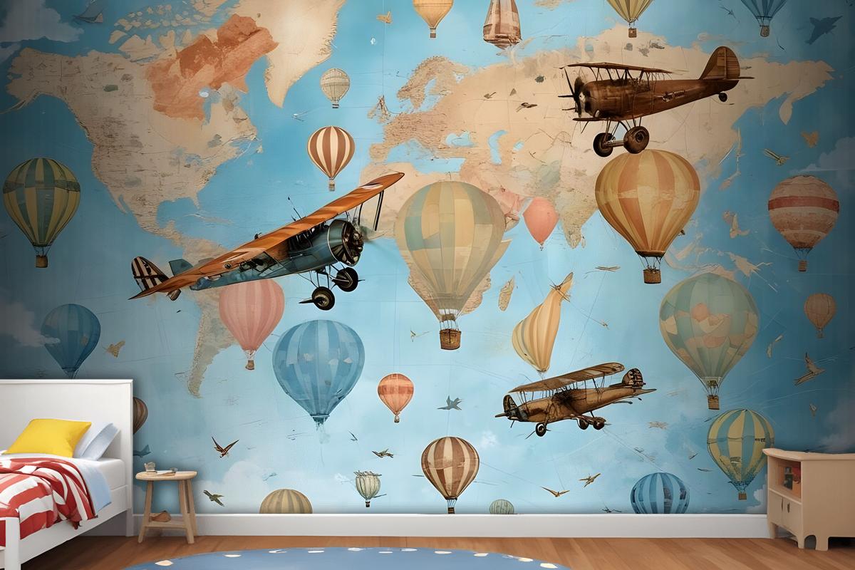 3D Look Kids World Map With Hot Air Balloon Wallpaper Mural