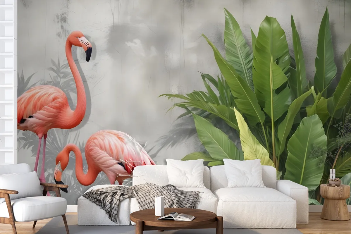 3D Look Pink Flamingo With Tropical Leaves Wallpaper Mural