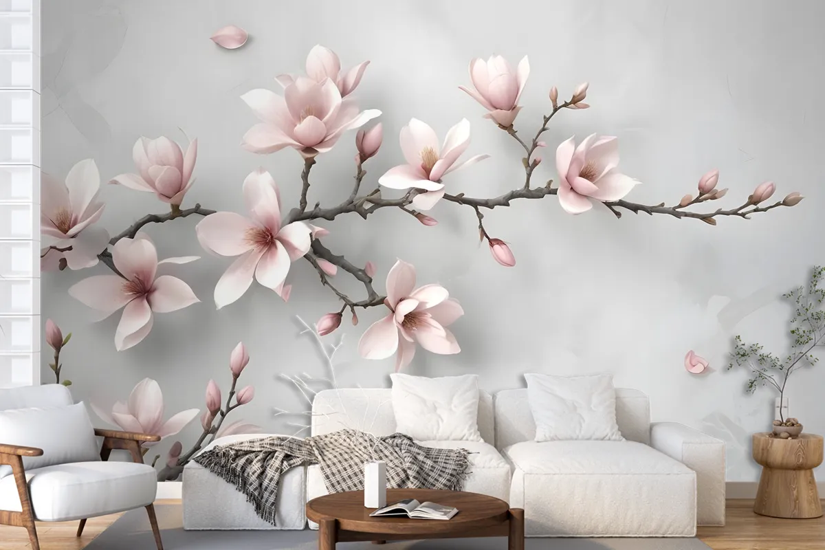 3D Look Pink Magnolia Blossom Wallpaper Mural