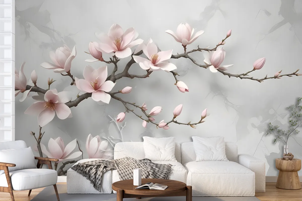 3D Look Pink Magnolia Blossom Wallpaper Mural