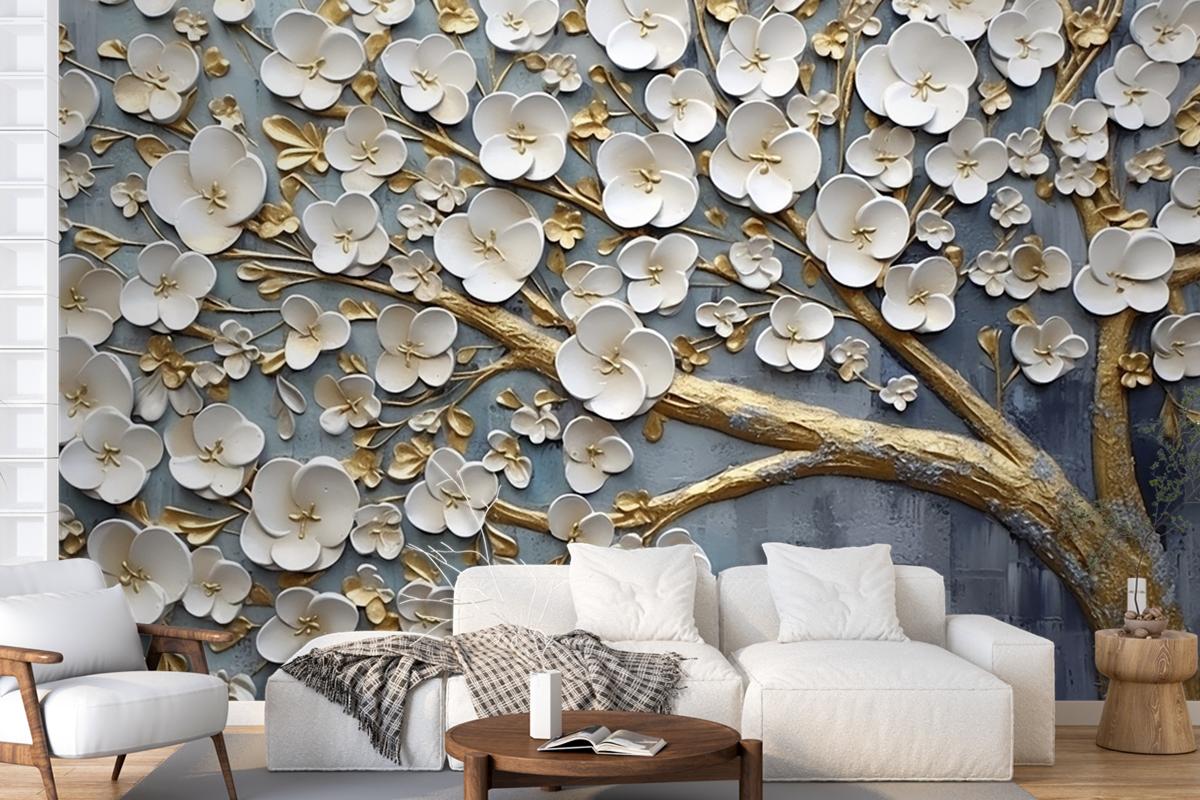 Abstract Artistic Background Flowers Branches Gold And Canvas Painting Wallpaper Mural