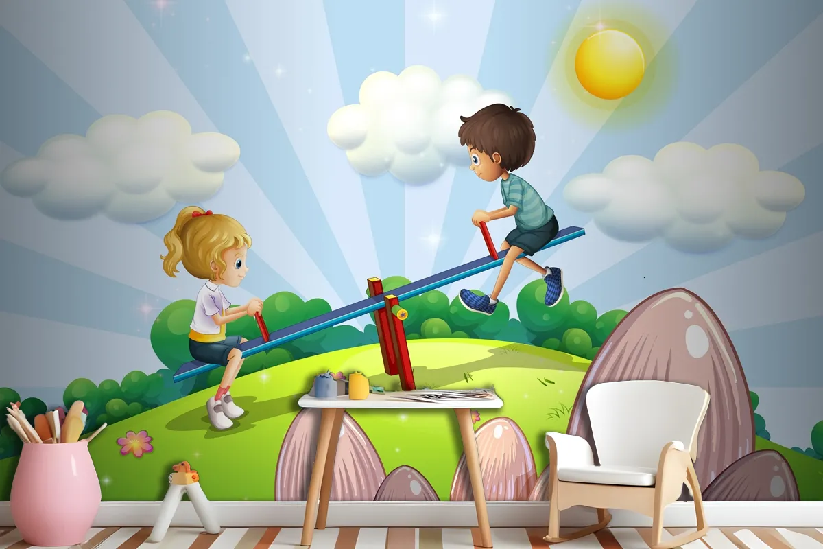 A Boy And A Girl Riding A Seesaw Wallpaper Mural