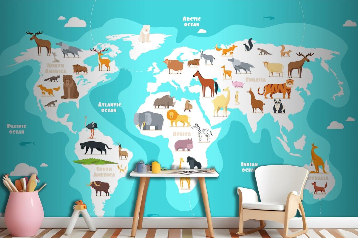 World Map With Animals Earth Discovery Funny Kids Geography Wallpaper Mural