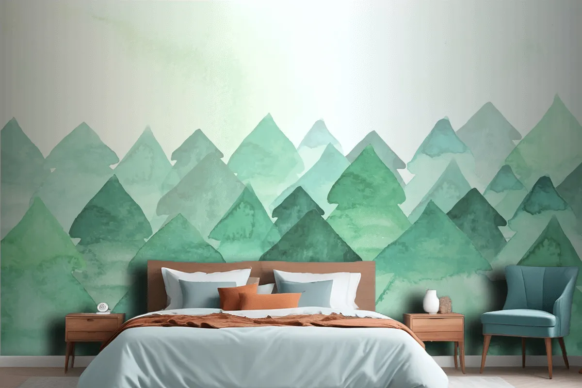 Watercolor Painting With Fir Trees Wallpaper Mural