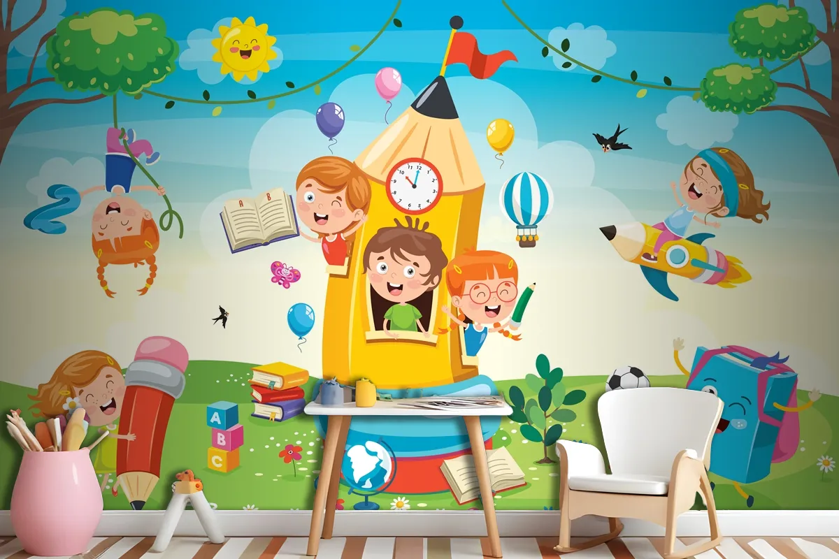 Cute Children Playing At Pencil House Wallpaper Mural