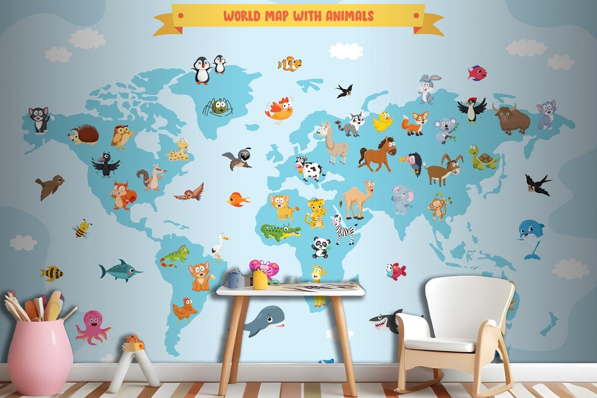 World Map With Cartoon Animals Wallpaper Mural