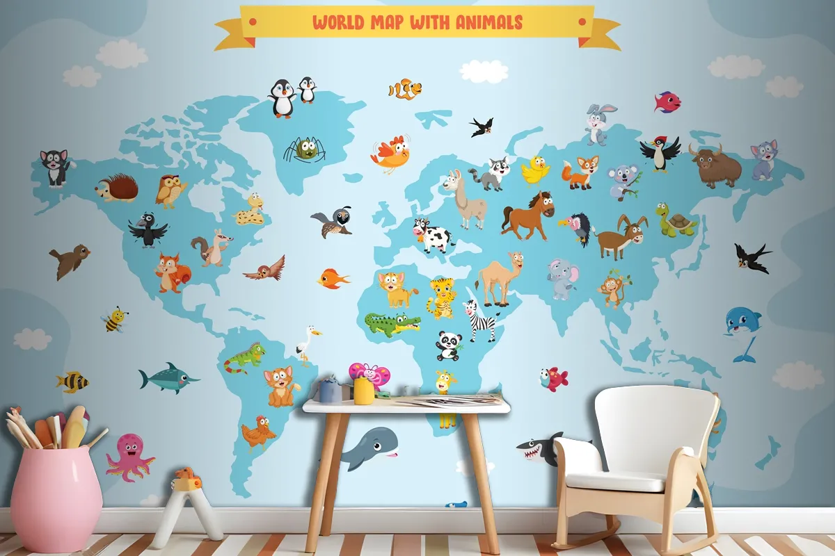 World Map With Cartoon Animals Wallpaper Mural