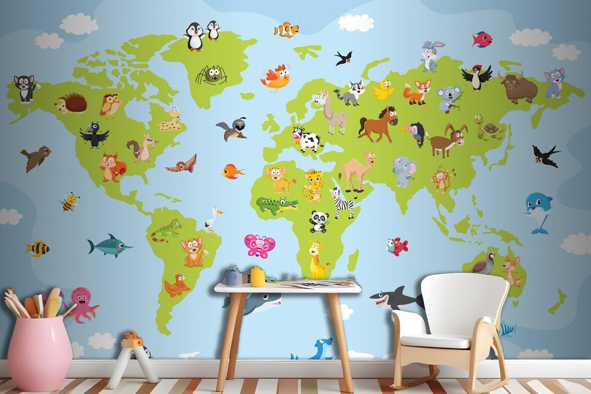 World Map With Cartoon Animals Wallpaper Mural