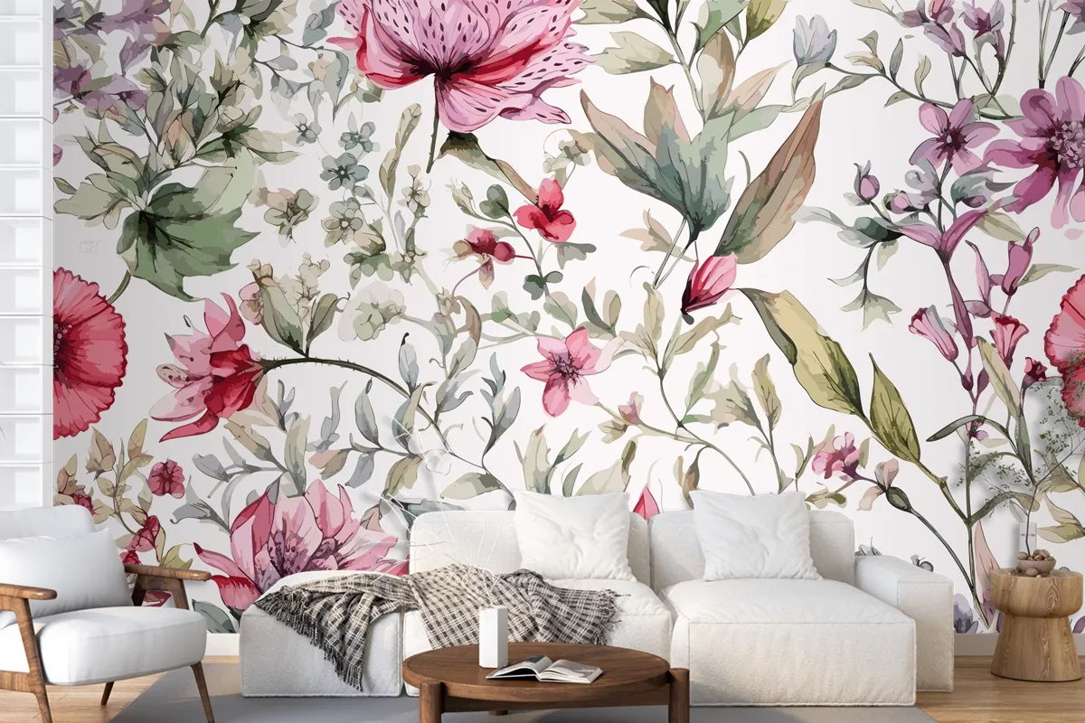 Colourful Floral Background With Leaves Wallpaper Mural