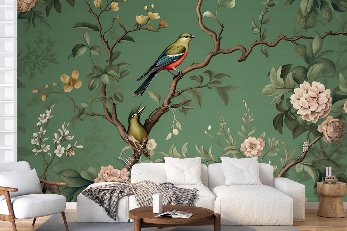 Flowers Branches Birds Golden Brushstrokes Wallpaper Mural