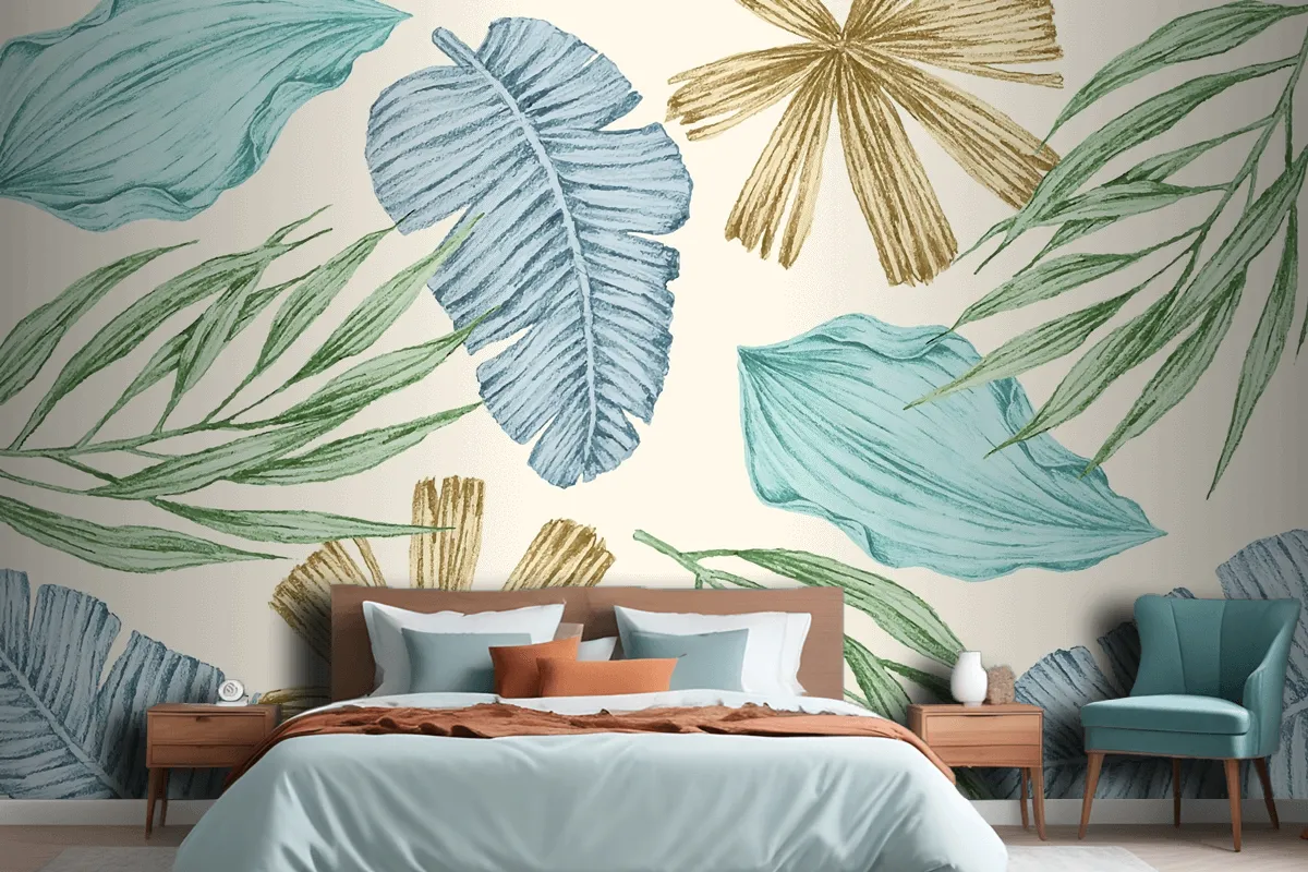 Tropical Background With Vintage Leaves Wallpaper Mural