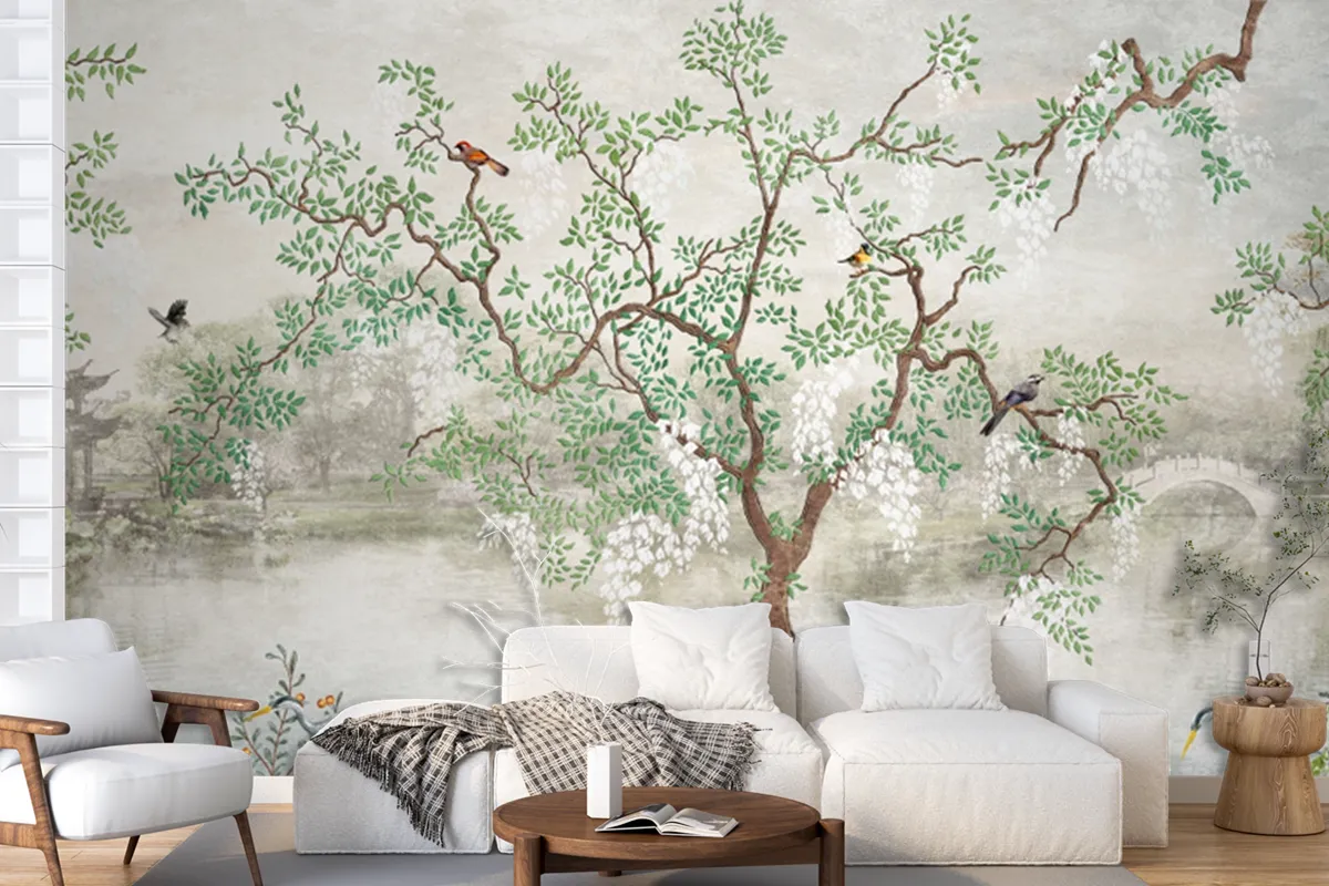 Tree By The Lake Misty Landscape Birds In Japanese Garden Wallpaper Mural