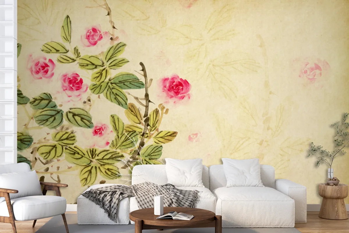 Chinese Traditional Painting Of Rose Flower On Old Paper Wallpaper Mural