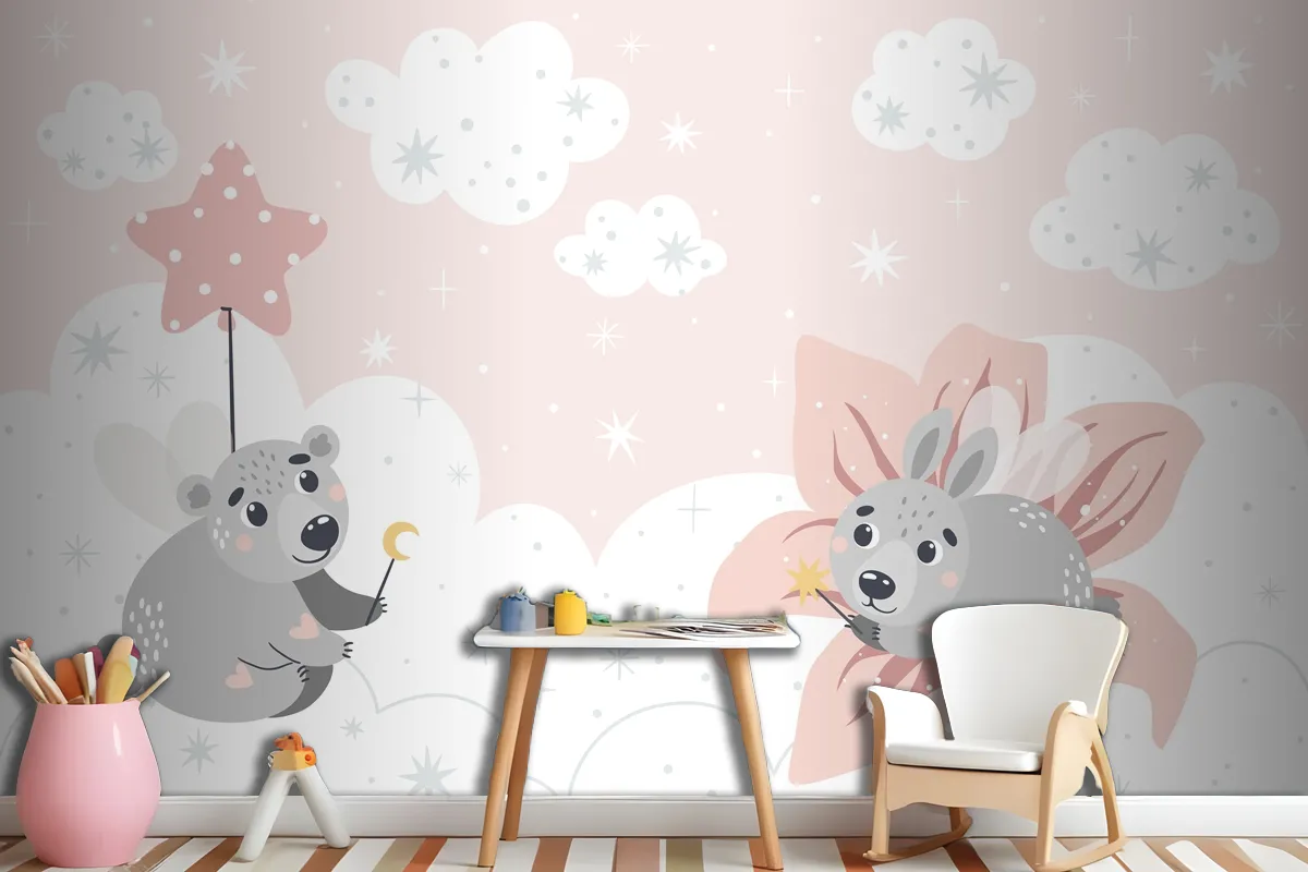 Cute Fairytale Animals On The Clouds Suitable For Printing Wallpaper Mural