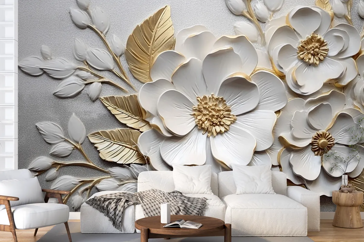 Abstract Artistic Flowers Branches Gold And Canvas Painting Wallpaper Mural