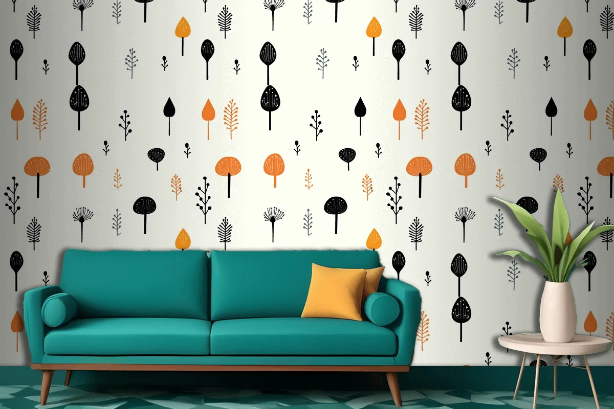 Black Mushroom And Leaf Pattern On A White Living Room Wallpaper Mural