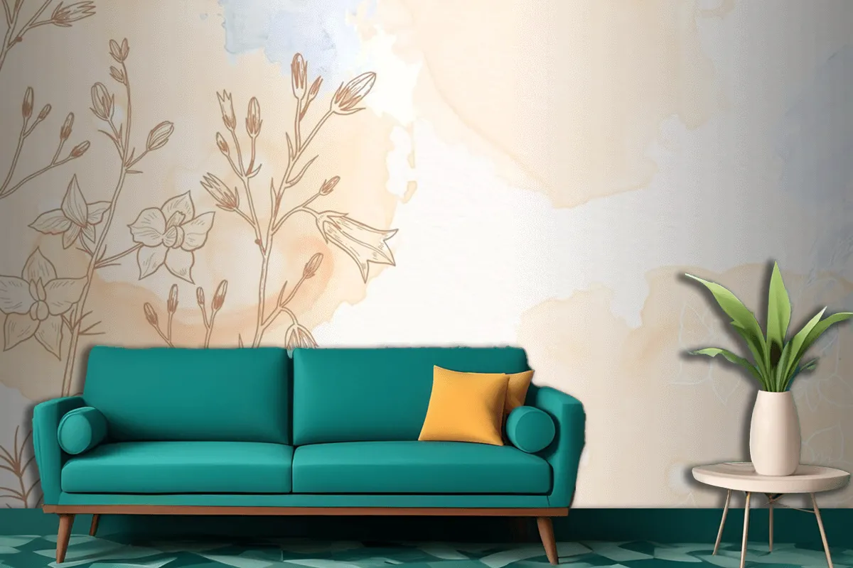 Cream Powder Pastel With Hand Drawn Flowers Living Room Wallpaper Mural