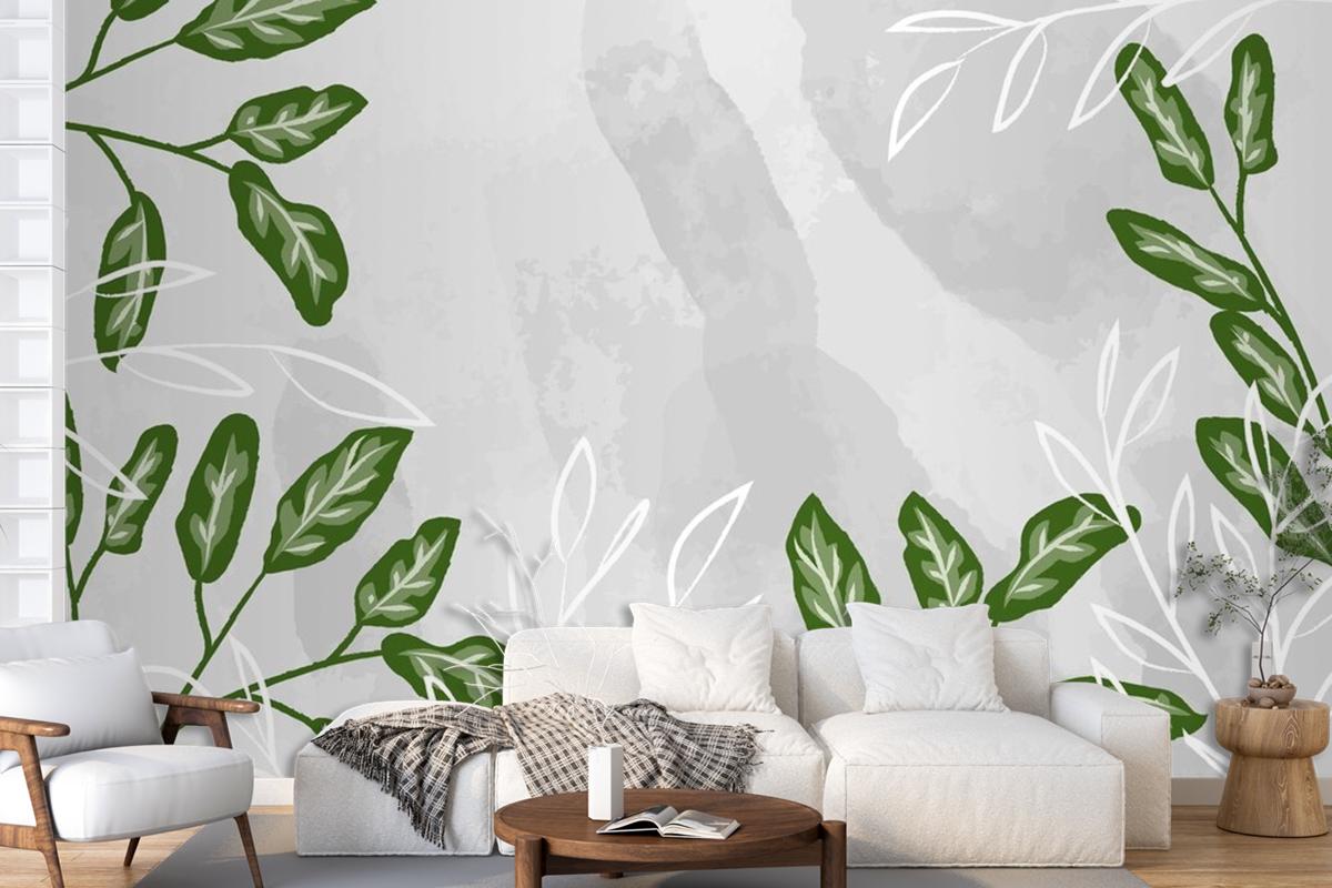 Detailed Leaves With Watercolor Living Room Wallpaper Mural