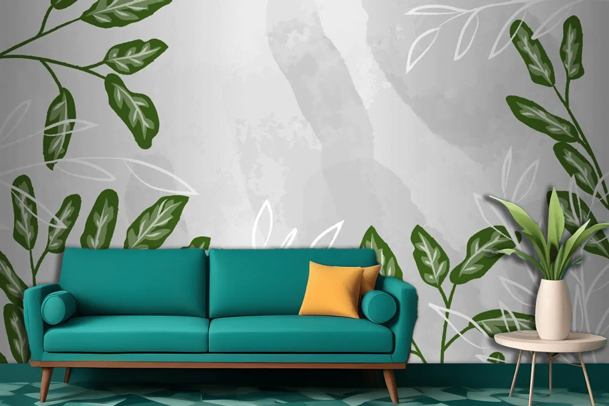 Detailed Leaves With Watercolor Living Room Wallpaper Mural