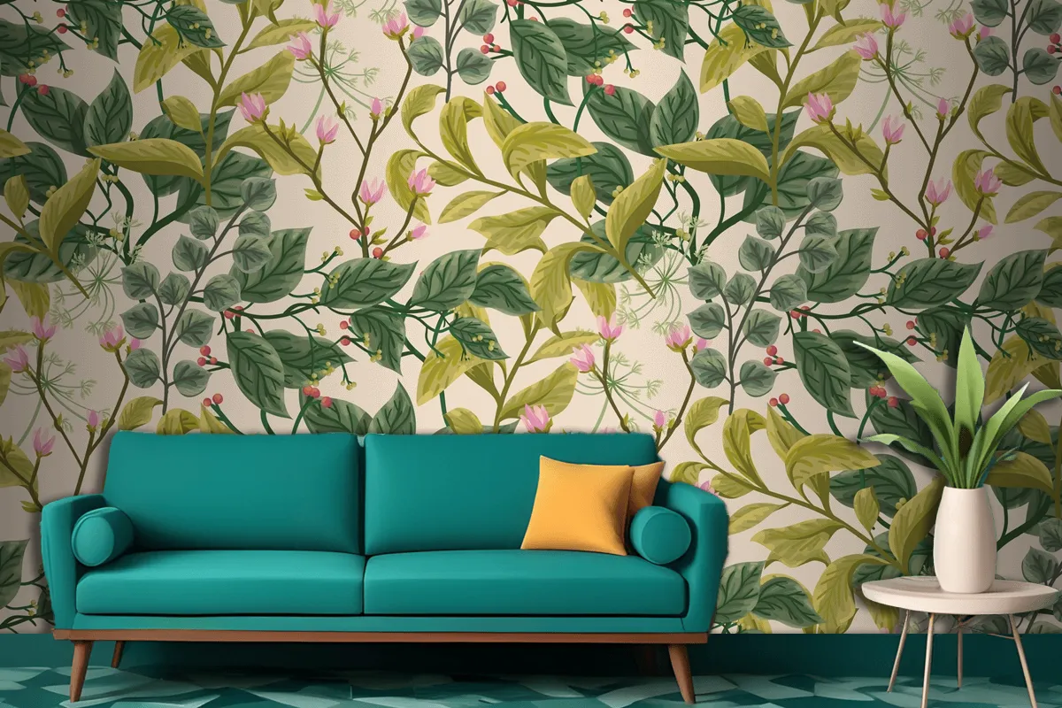 Flower And Leaves Background Living Room Wallpaper Mural