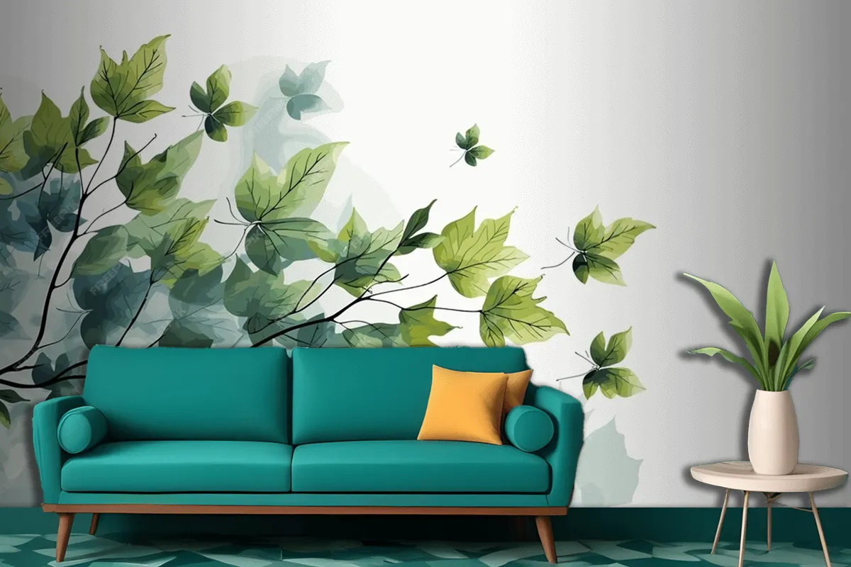 Fresh Baby Spinach Leaves On White Marble Living Room Wallpaper Mural