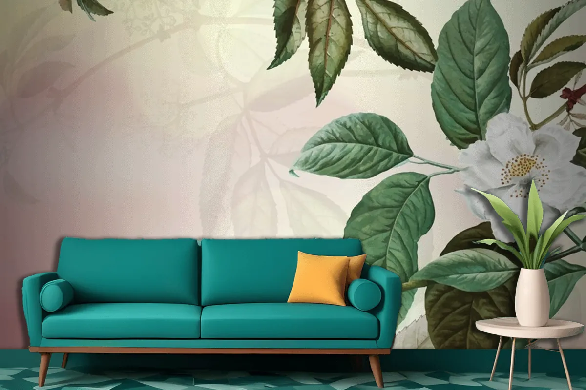 Green Floral Background Living Room Wallpaper Mural