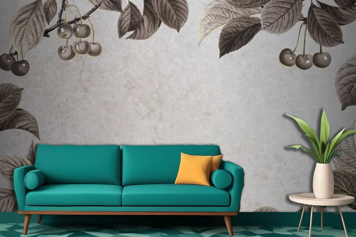 Hand Drawn Cherry Patterned Frame Living Room Wallpaper Mural