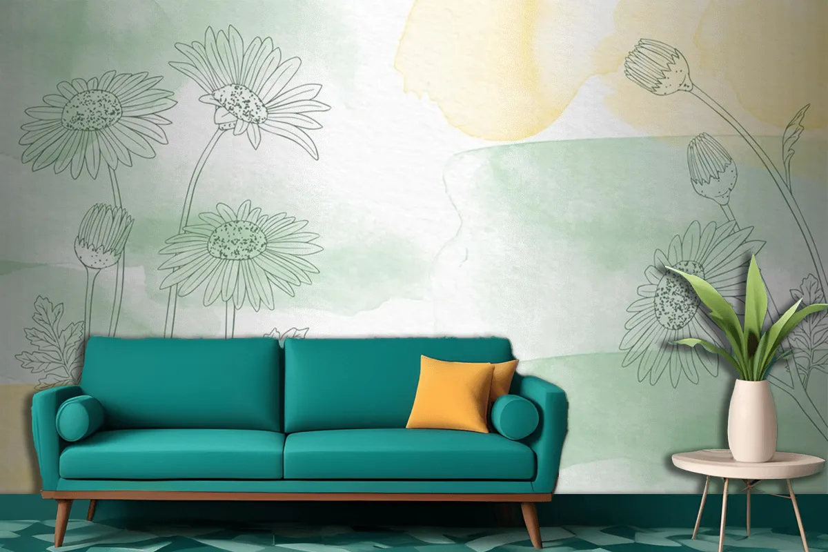 Hand Painted Background With Drawn Flowers Living Room Wallpaper Mural