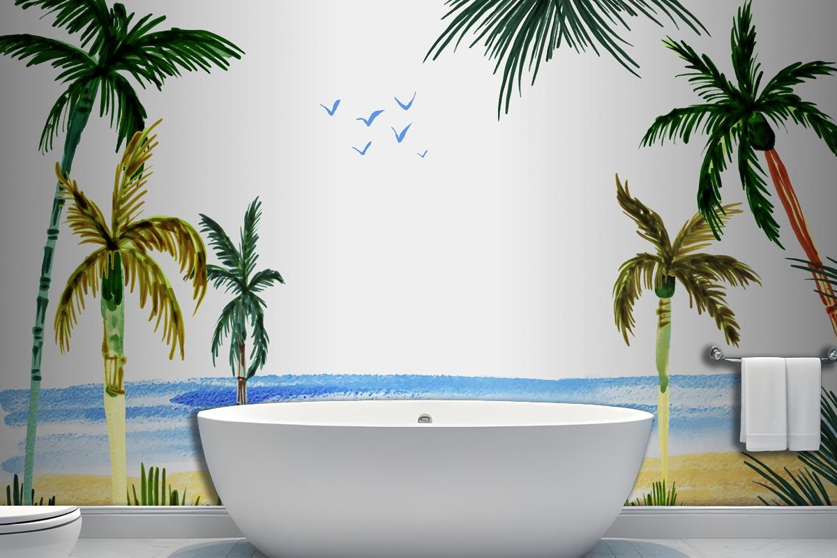 Hand Painted Watercolor Summer Bathroom Wallpaper Mural