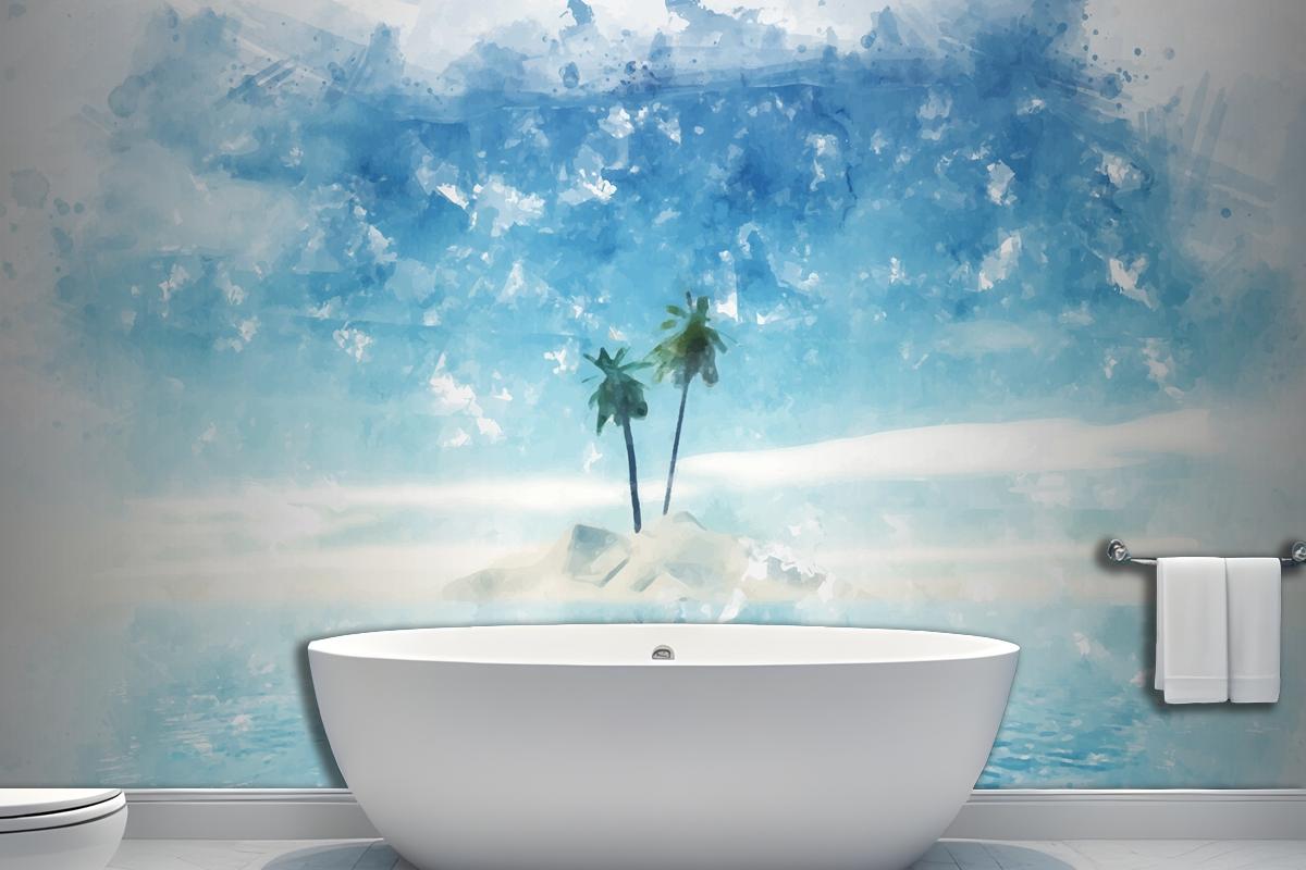 Hand Painted Watercolour Summer Palm Tree Island Wallpaper Mural