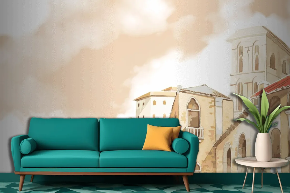 Mediterranean City Building Exterior Water Color Style Living Room Wallpaper Mural