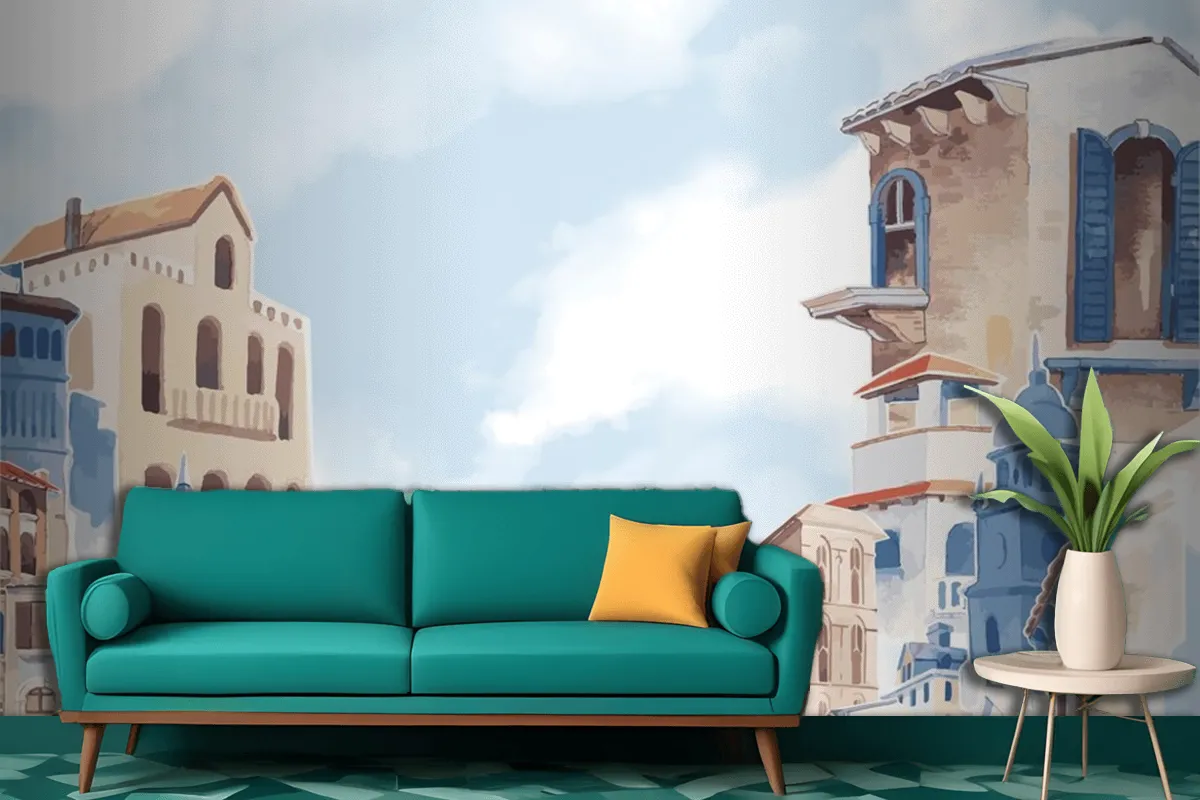 Mediterranean City Building Exterior Water Color Style Wallpaper Mural