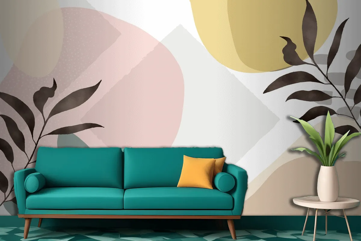 Minimal Hand Drawn Background With Plants Living Room Wallpaper Mural