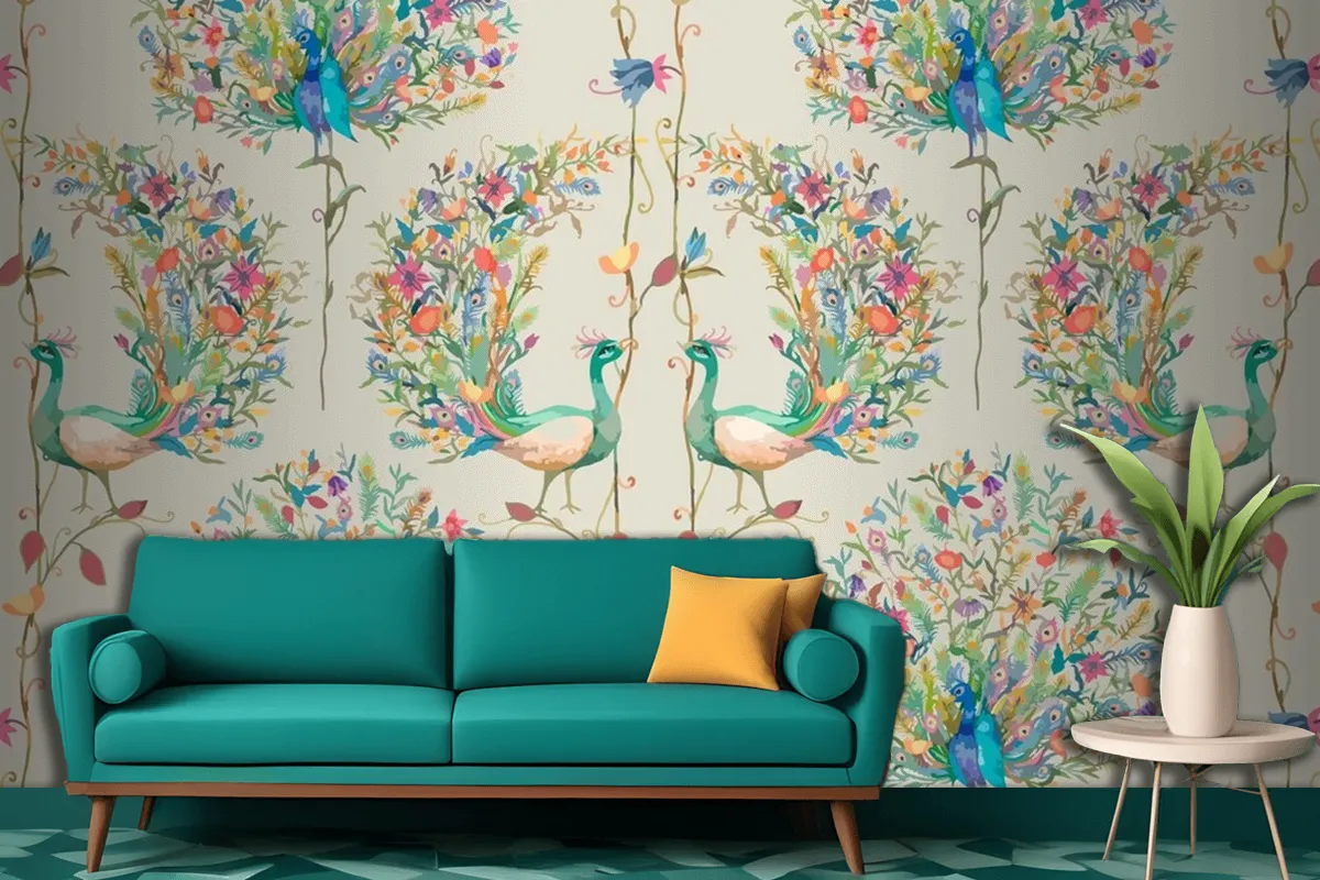 Pattern Background With Watercolor Peacock And Flower Living Room Wallpaper Mural