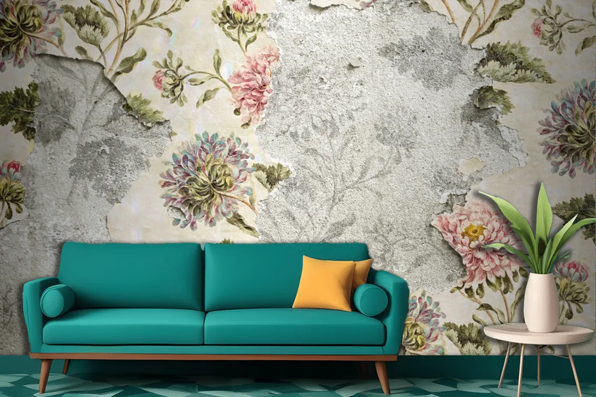 Peeling Floral Wallpaper On Concrete Wallpaper Mural