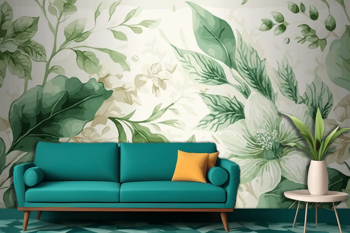 Seamless Watercolor Green And Beige Floral Pattern Living Room Wallpaper Mural